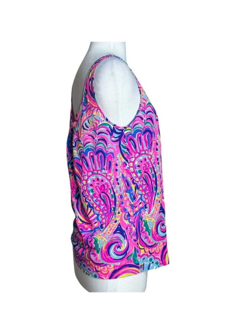 Lilly Pulitzer Tank Top Sleeveless Scoop Neck Pleated Blue Pink Yellow Print - Picture 4 of 5